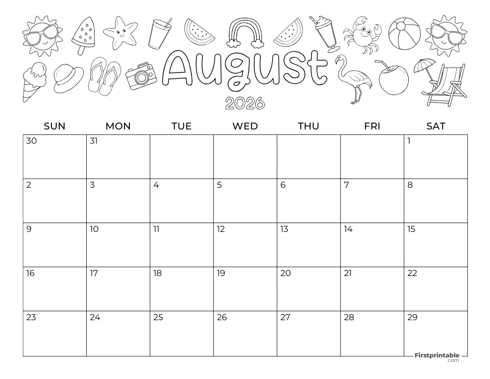 August 2026 Calendar Summer Themed