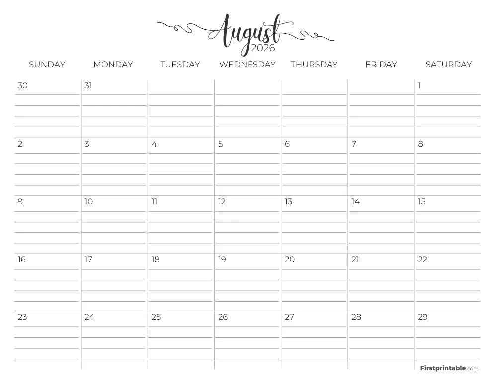 August 2026 Calendar with lines 02