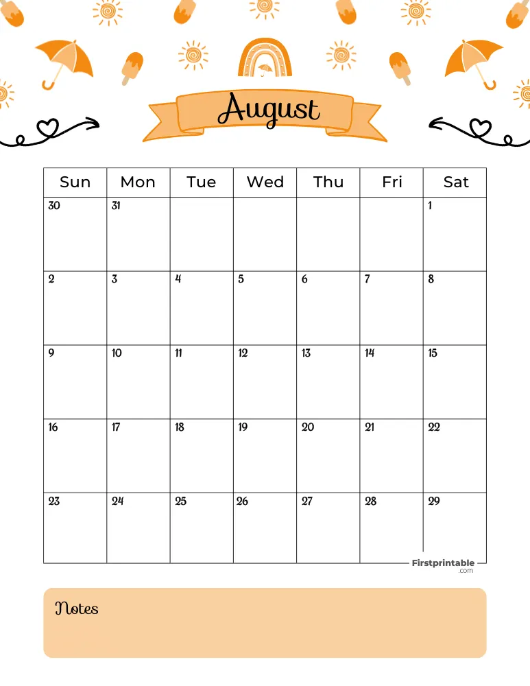 August Calendar 2026 Summer Template 01