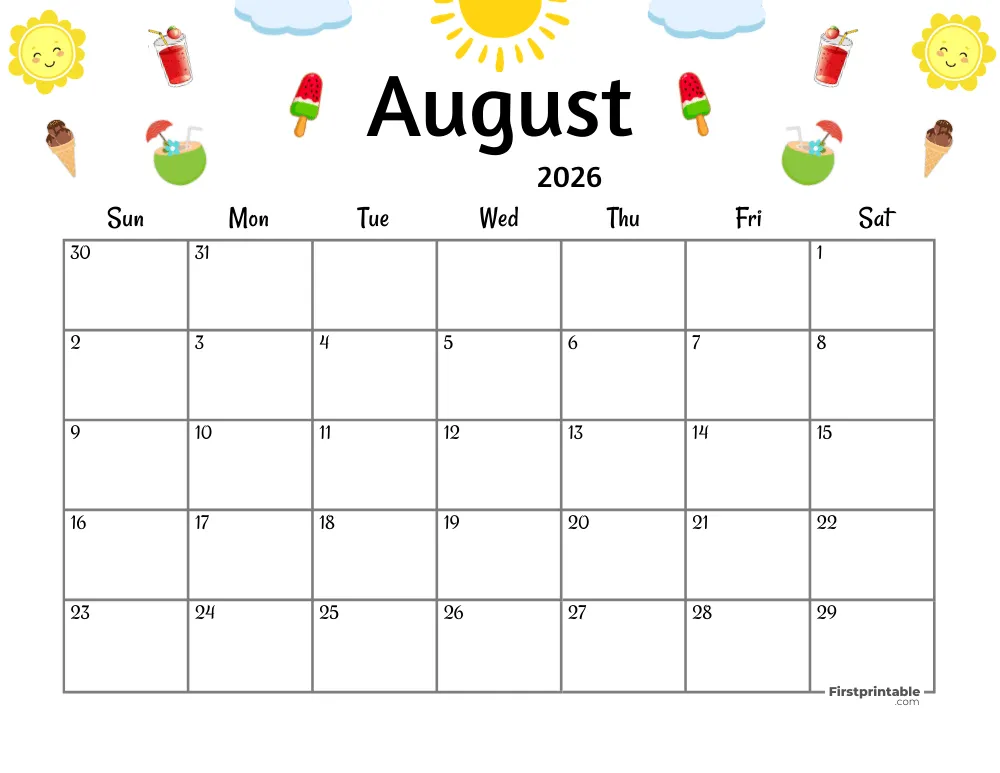 August Calendar 2026 - Summer