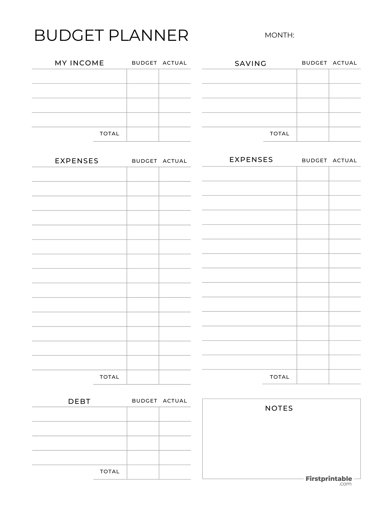 Blank simple Monthly Budget Planner