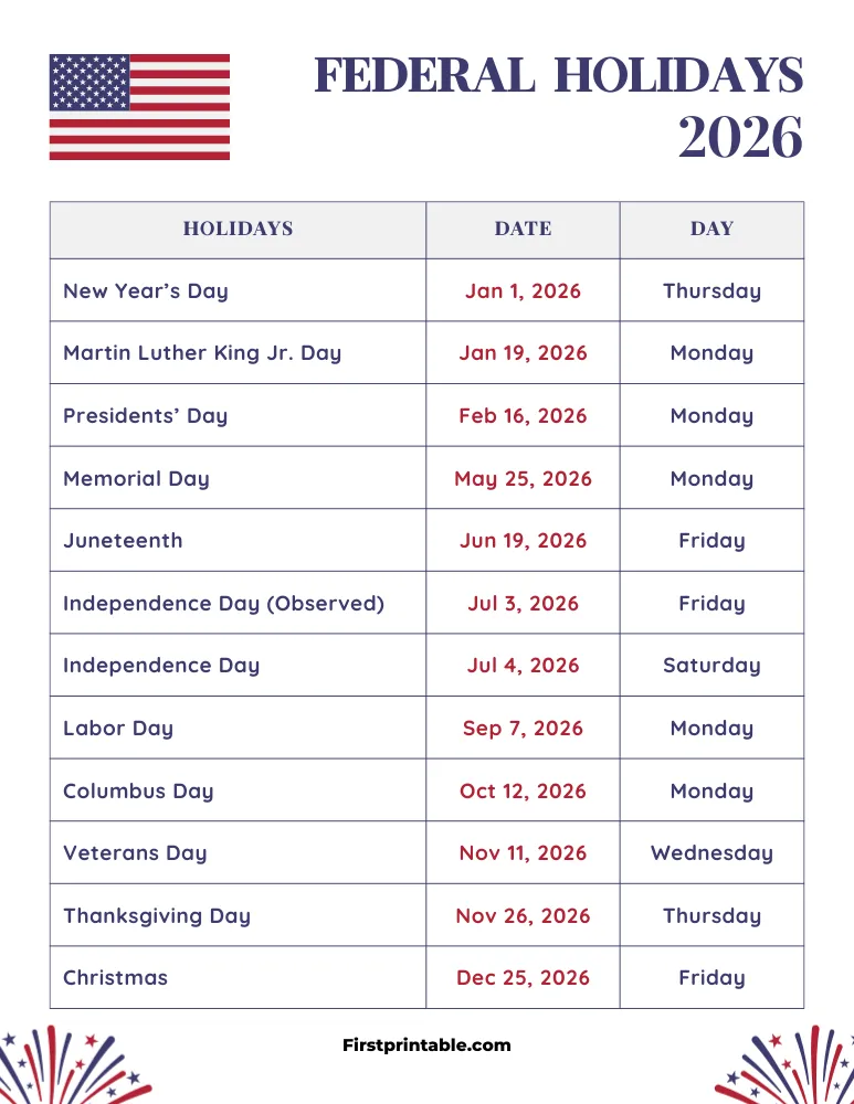 Federal Holidays 2026 Template 08