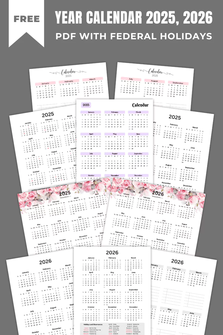 Free Printable Year Calendar 2025 2026 with Federal Holidays