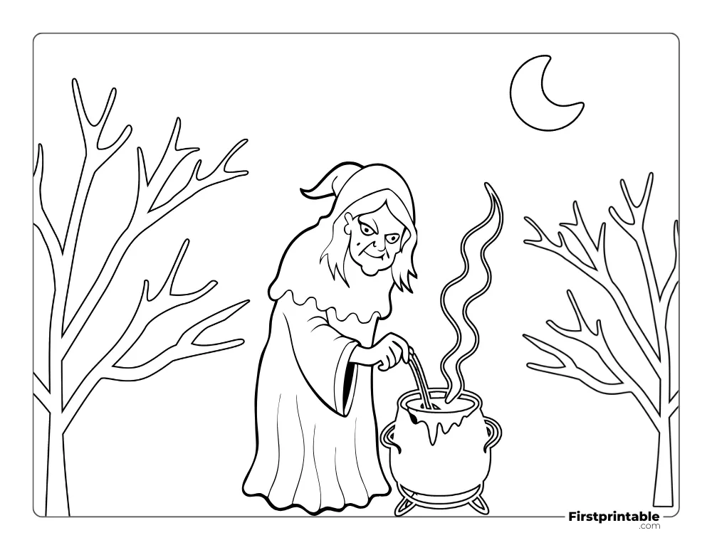 Creepy Witch Cooking in a Cauldron in a Dark Forest Coloring Sheet"