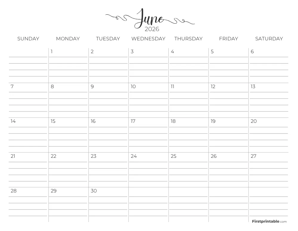 June 2026 Calendar with lines 02