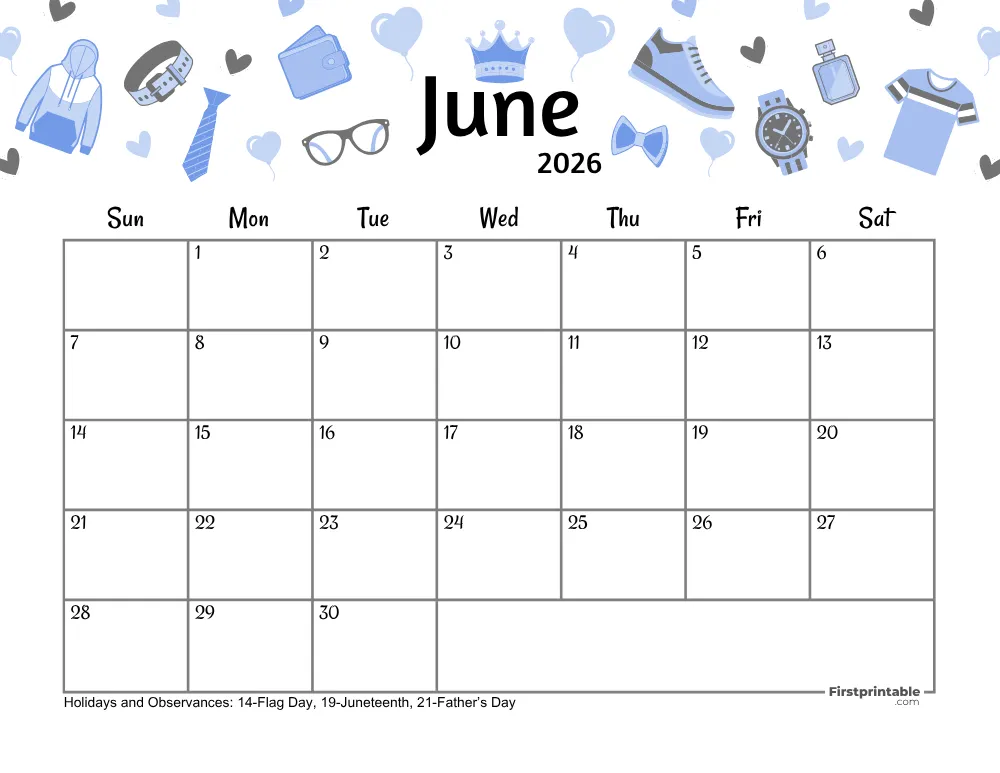June Calendar 2026 - Father's Day