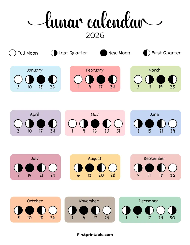 Lunar Calendar 2026 with Moon Phases 03