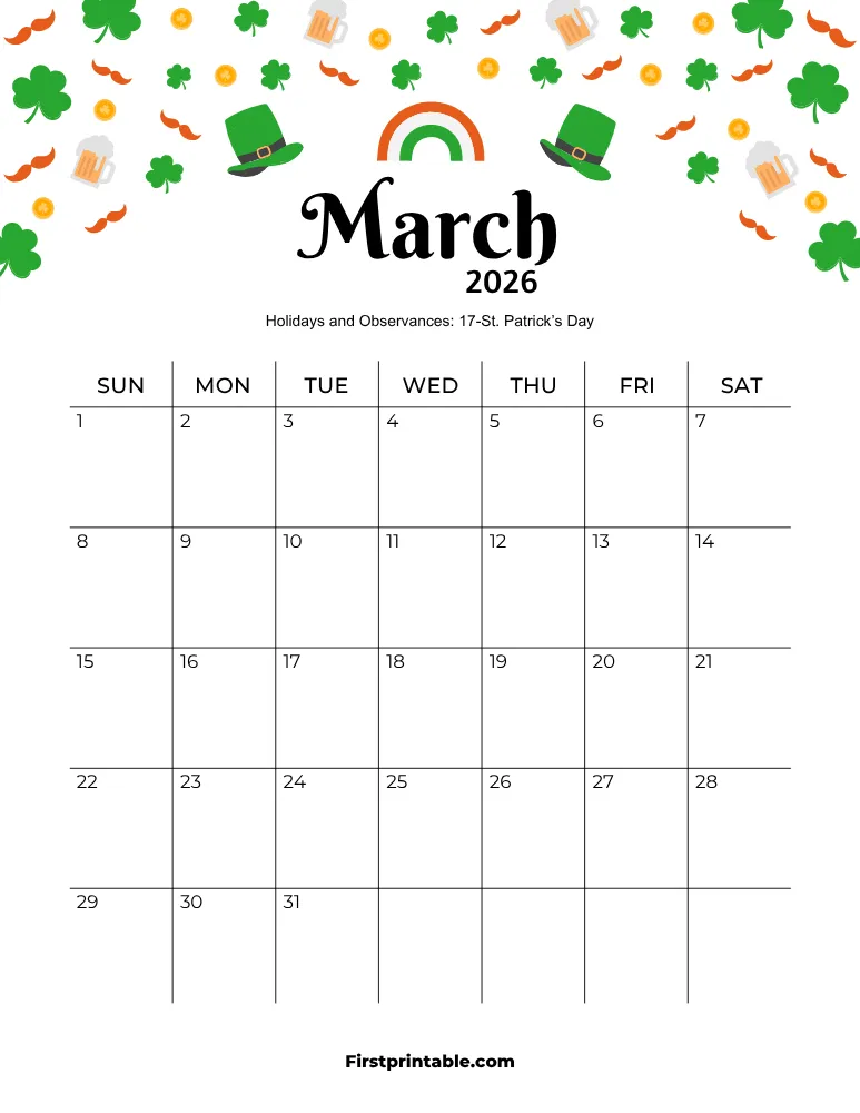 March 2026 Calendar St. Patricks Day Theme