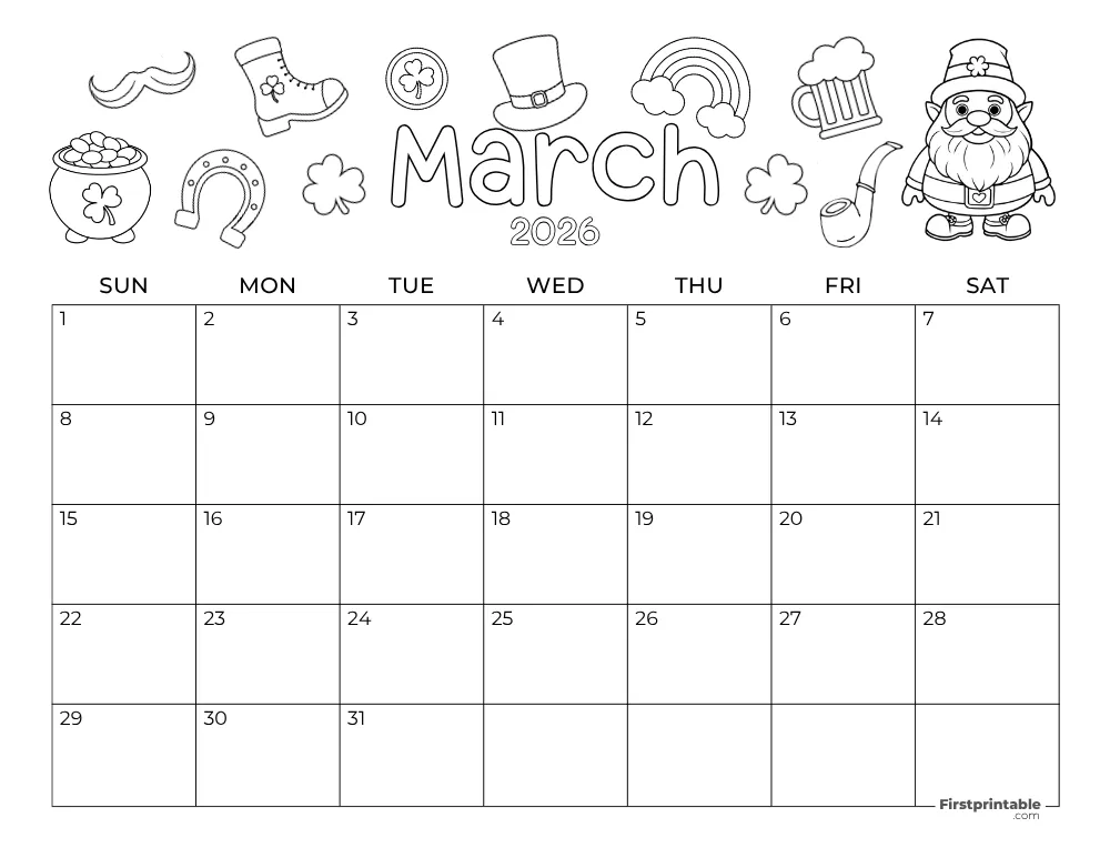 March 2026 Calendar St. Patrick's Day Themed