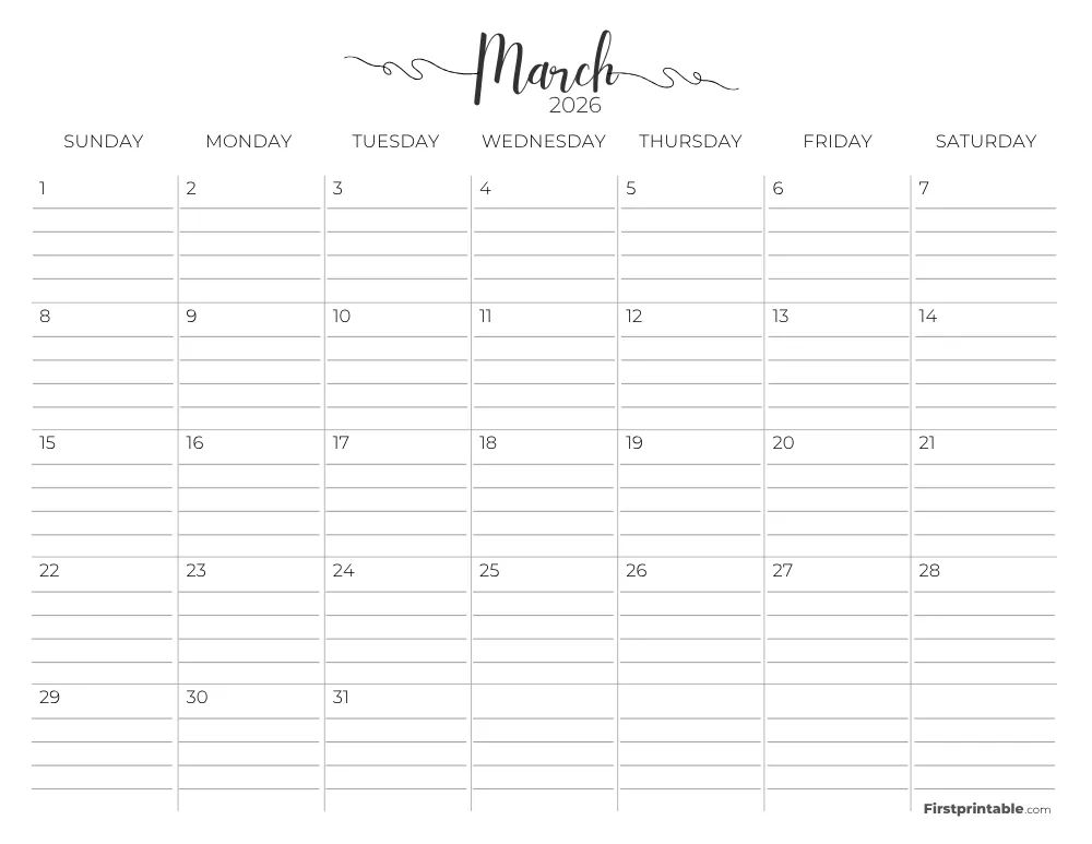 March 2026 Calendar with lines 02