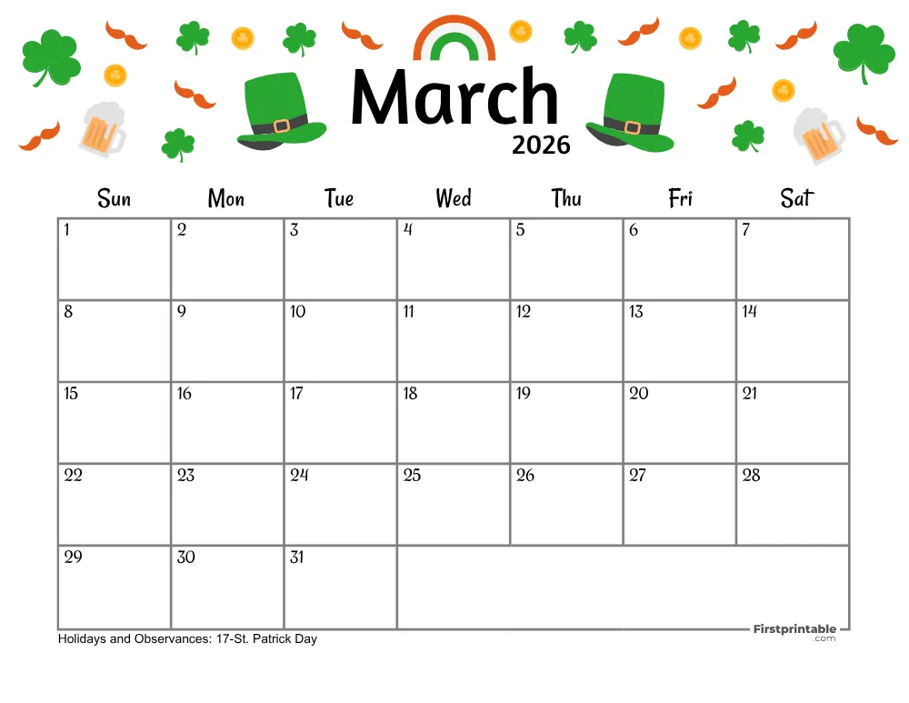March Calendar 2026 - St. Patrick's Day