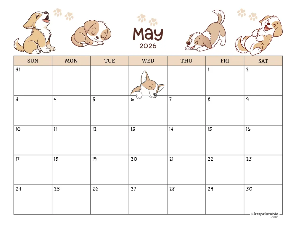 May 2026 Calendar Dog Themed 01