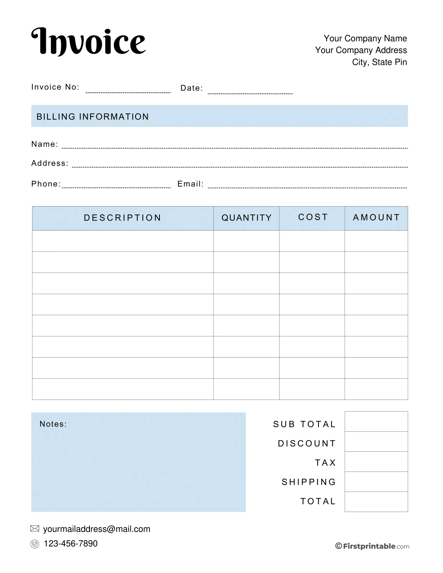 Modern Blank Invoice Printable Template - Blue - Editable PDF