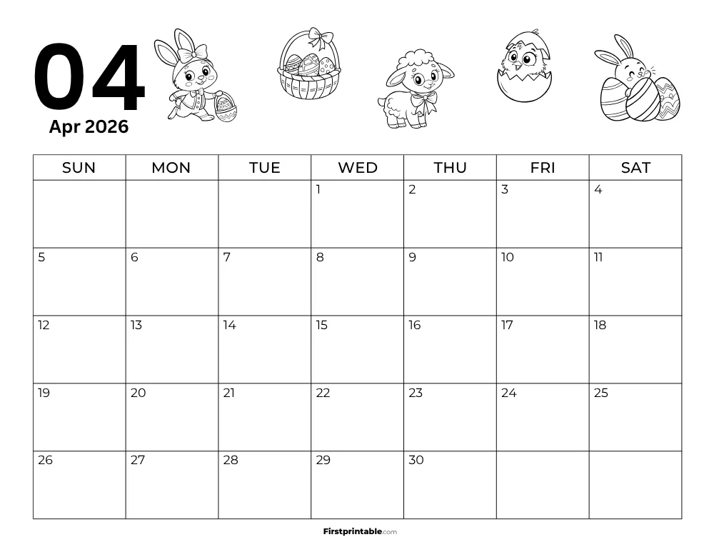 Printable April Calendar 2026 Easter Template 24