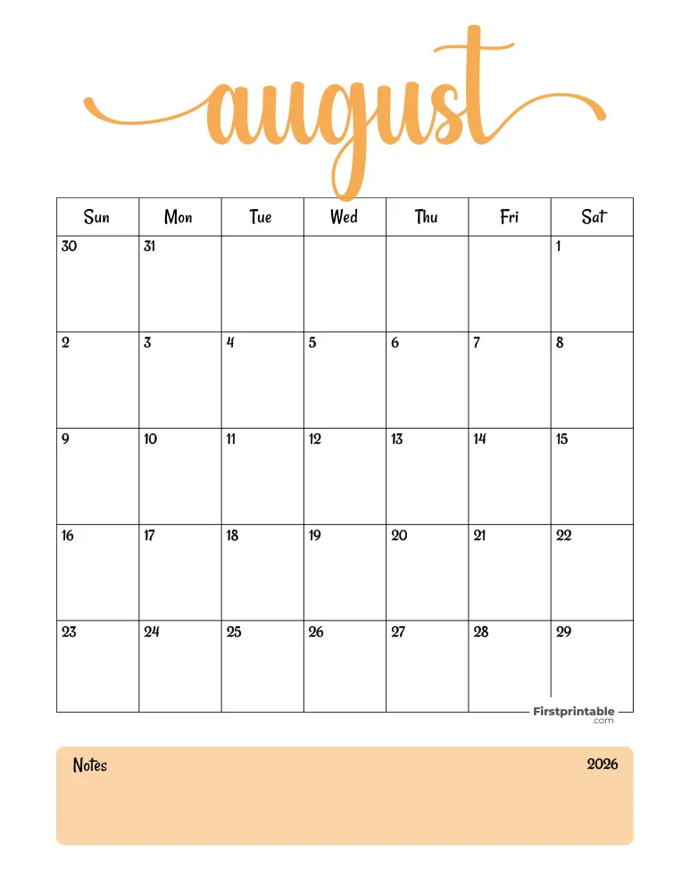 Printable August Calendar 2026 Template 04