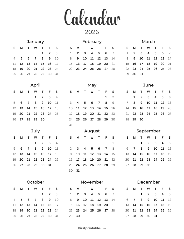 2026 Calendar - Sunday Start