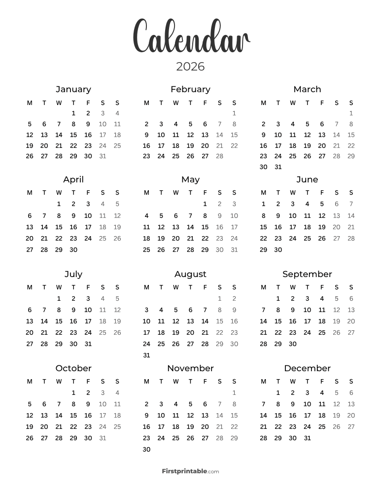 2026 Calendar - Monday Start