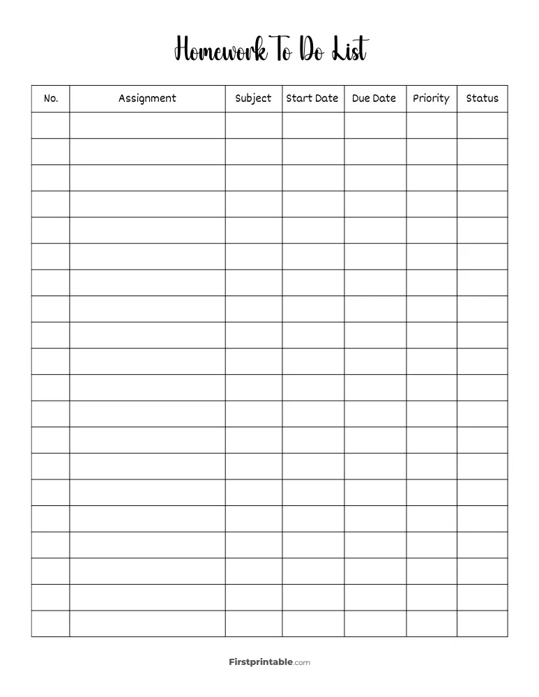 Printable Homework To Do List Template 49