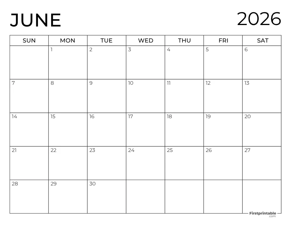 Printable June 2026 Calendar