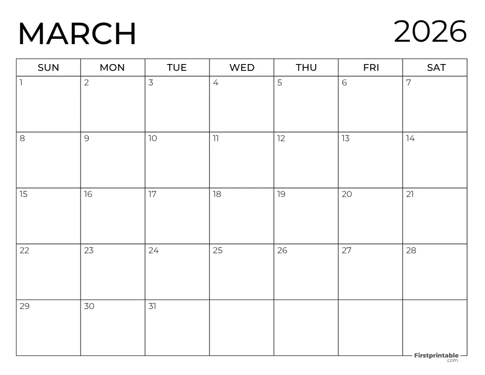 Printable March 2026 Calendar