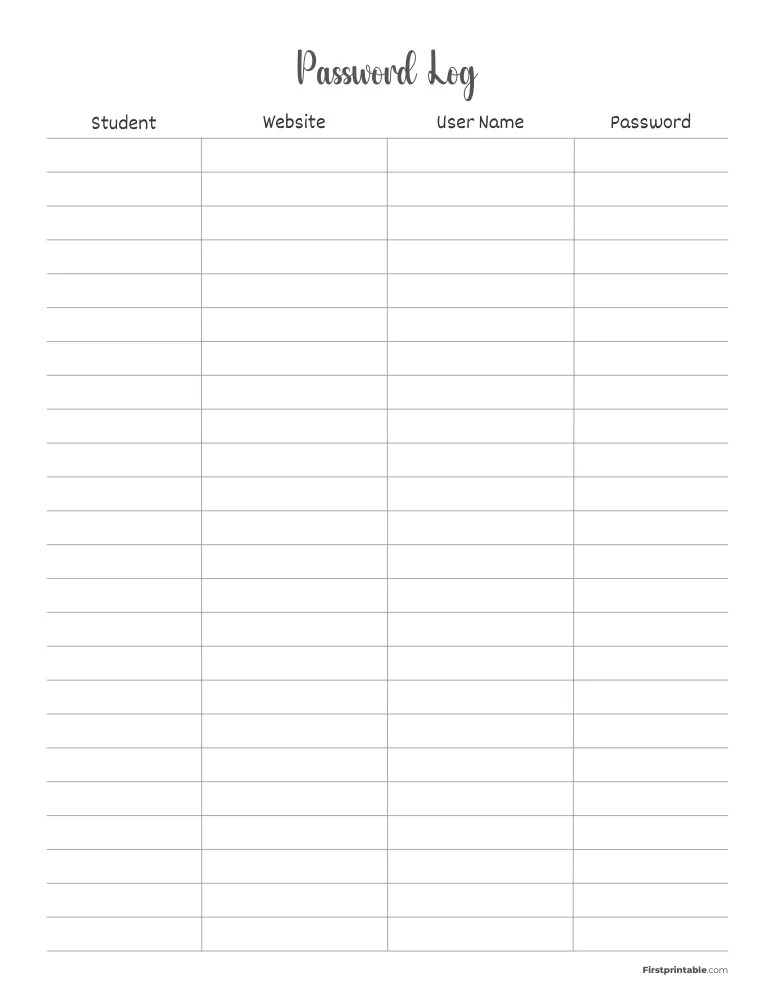 Printable Password Log