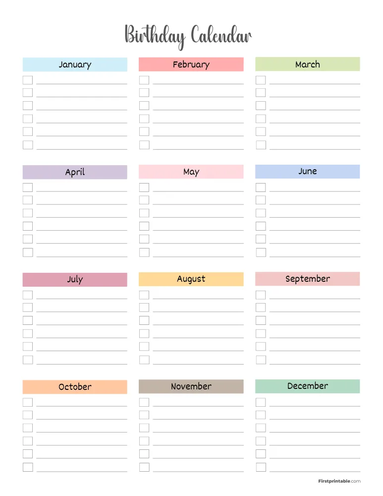 Printable Birthday Calendar