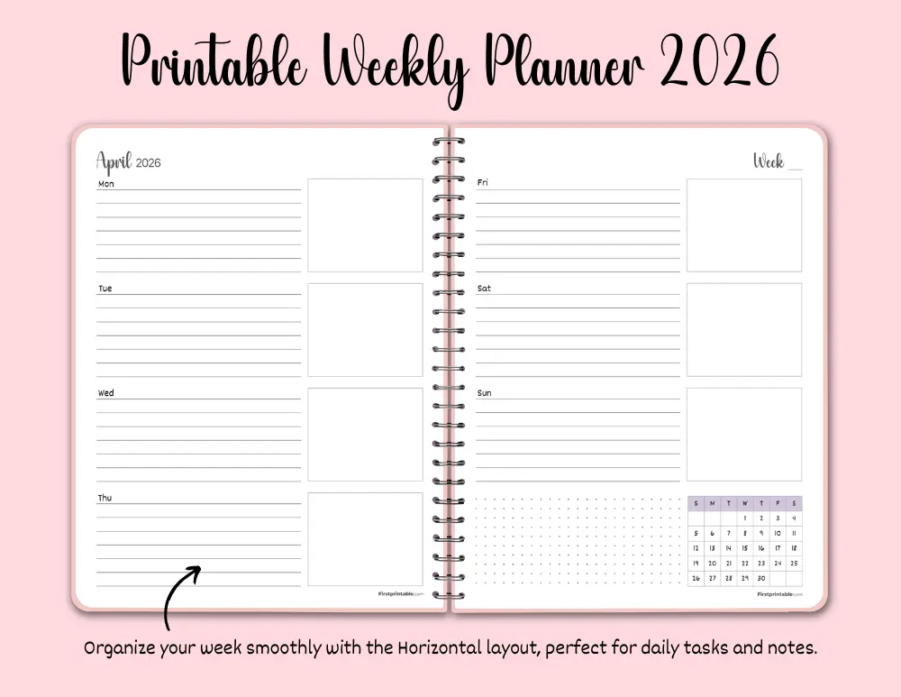 Printable Weekly Planner 2026 Horizontal Layout