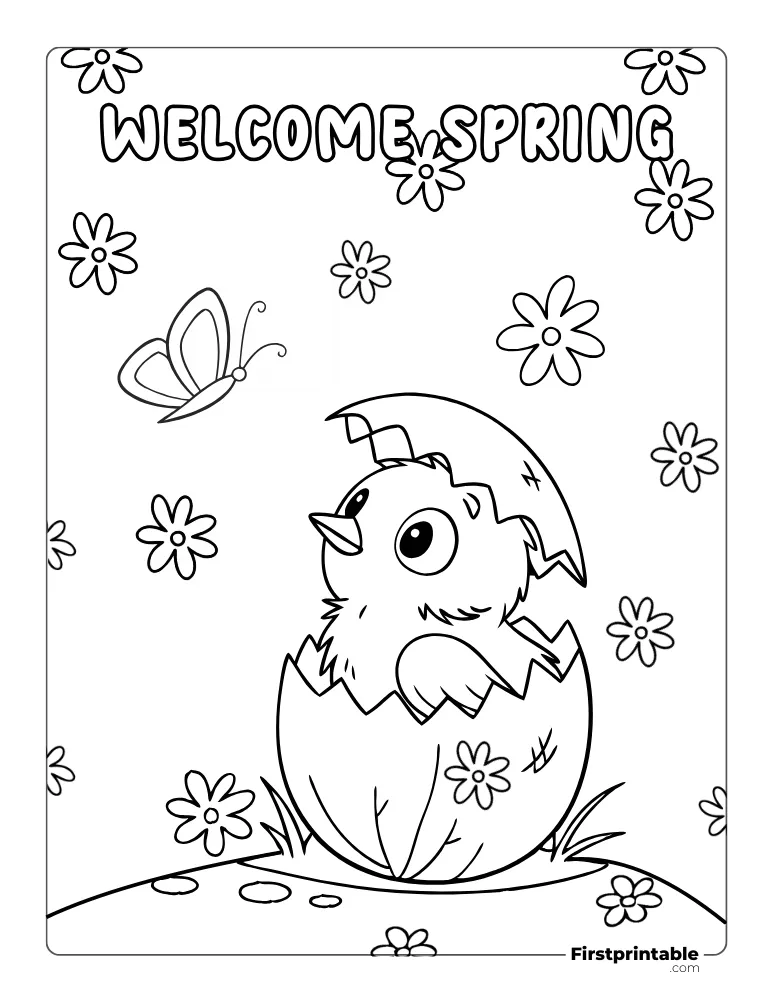 Hatching Chick in Spring Coloring Sheet